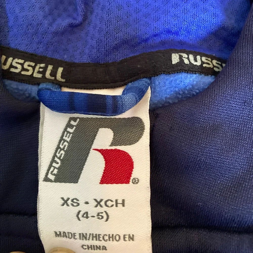 Russell, XS 4-5, childrens hooded zip up top, blue and comfy